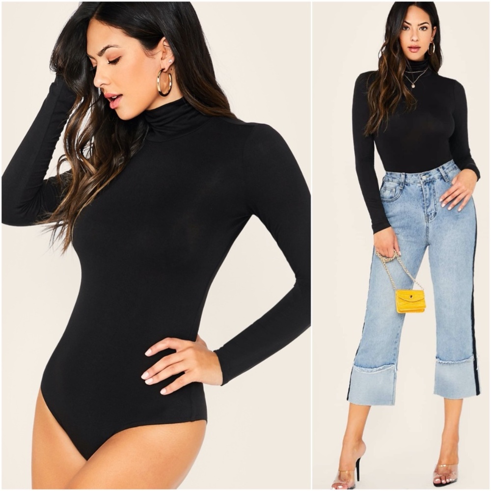 Solid black mock neck long sleeve Minimalist bodysuit